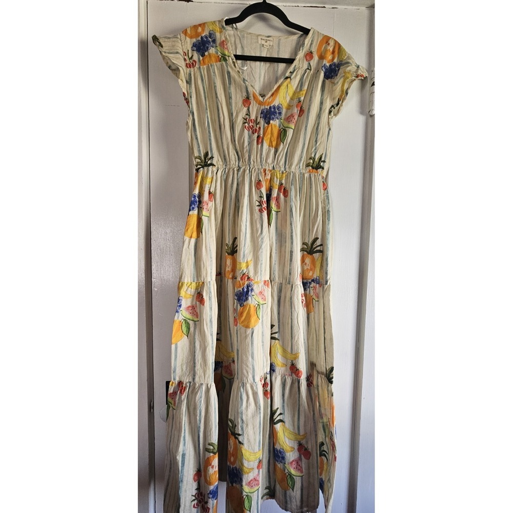 Cost Plus World Market Cream Maxi Dress with Yellow & Blue Fruit Print